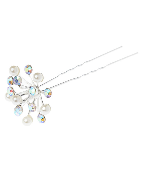 Φουρκέτα μαλλιών ασημί με πέρλες και ιριδίζοντα στρας bouquet